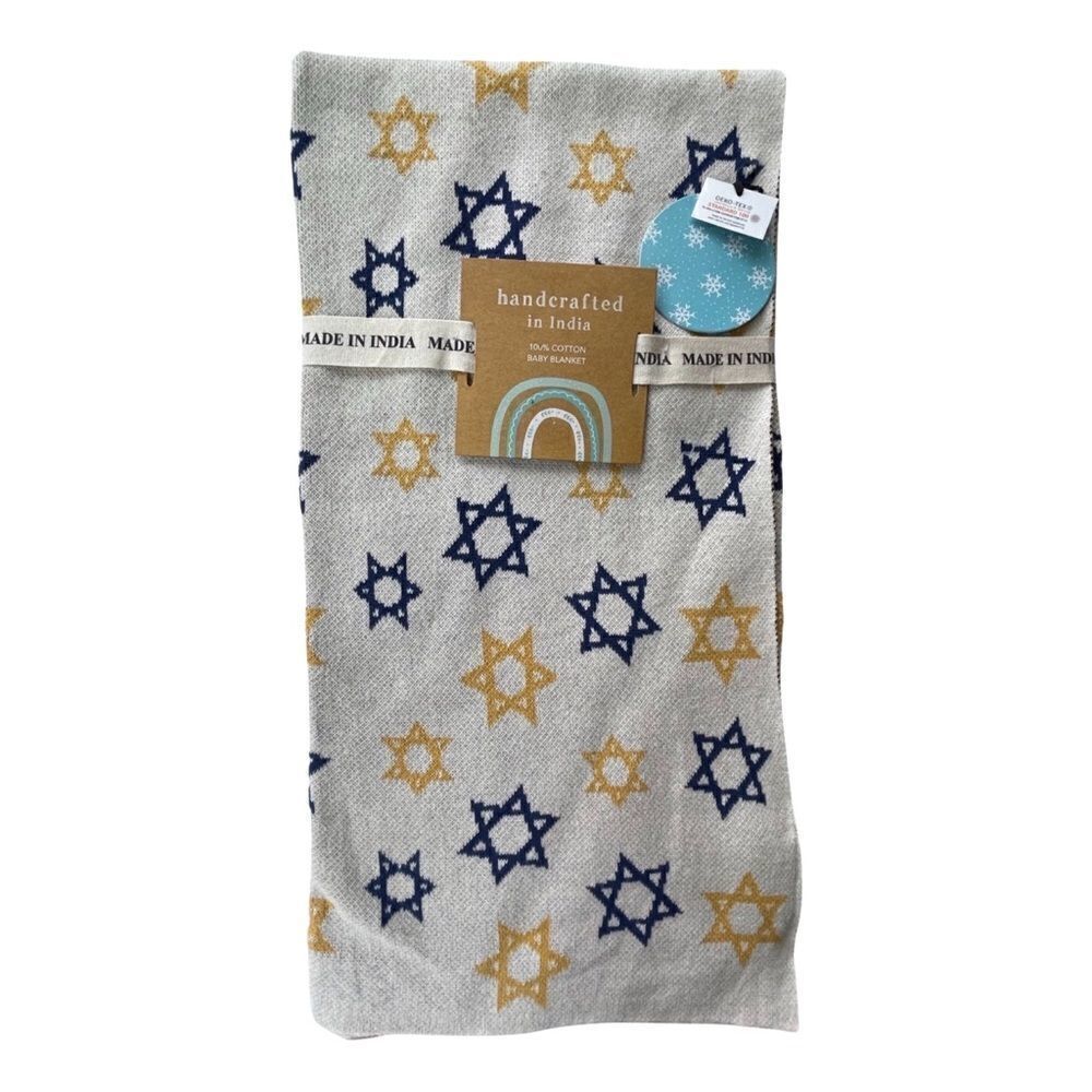 Star of David Cotton Knot Allover Print Ivory, Blue & Gold Star Baby Blanket NWT